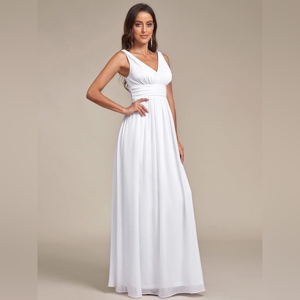 Ever Pretty White Pleated Maxi Dress V-Neck Sleeveless